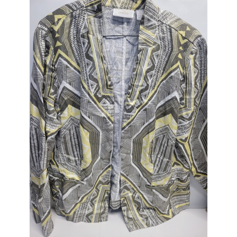 Chicos Size 2 Geometric Print Open Front Blazer Jacket Women‎ Olive Yellow White